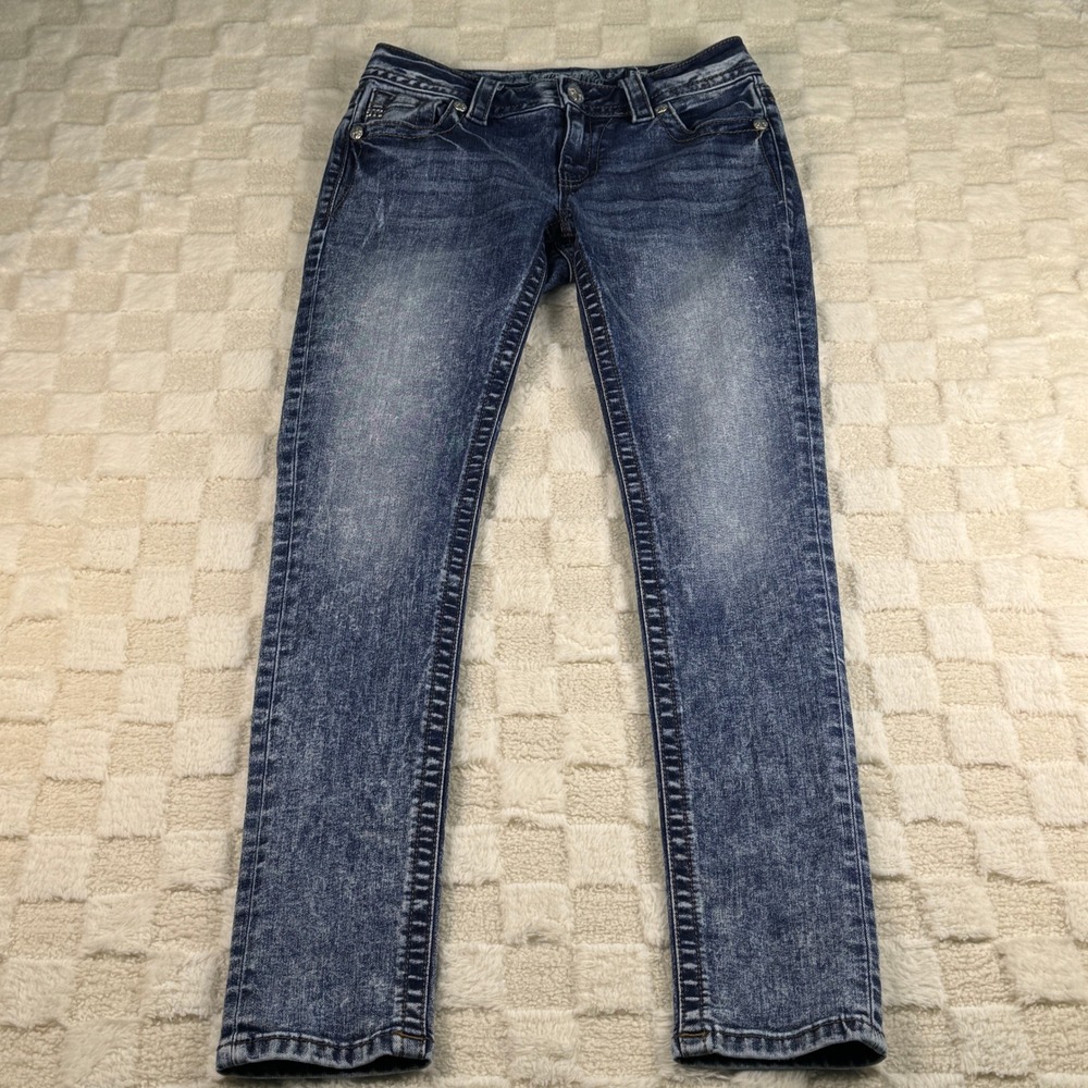 Miss Me Womens Mid Rise Skinny Jeans Size 25 Blue Denim Medium Wash Fleur De Lis